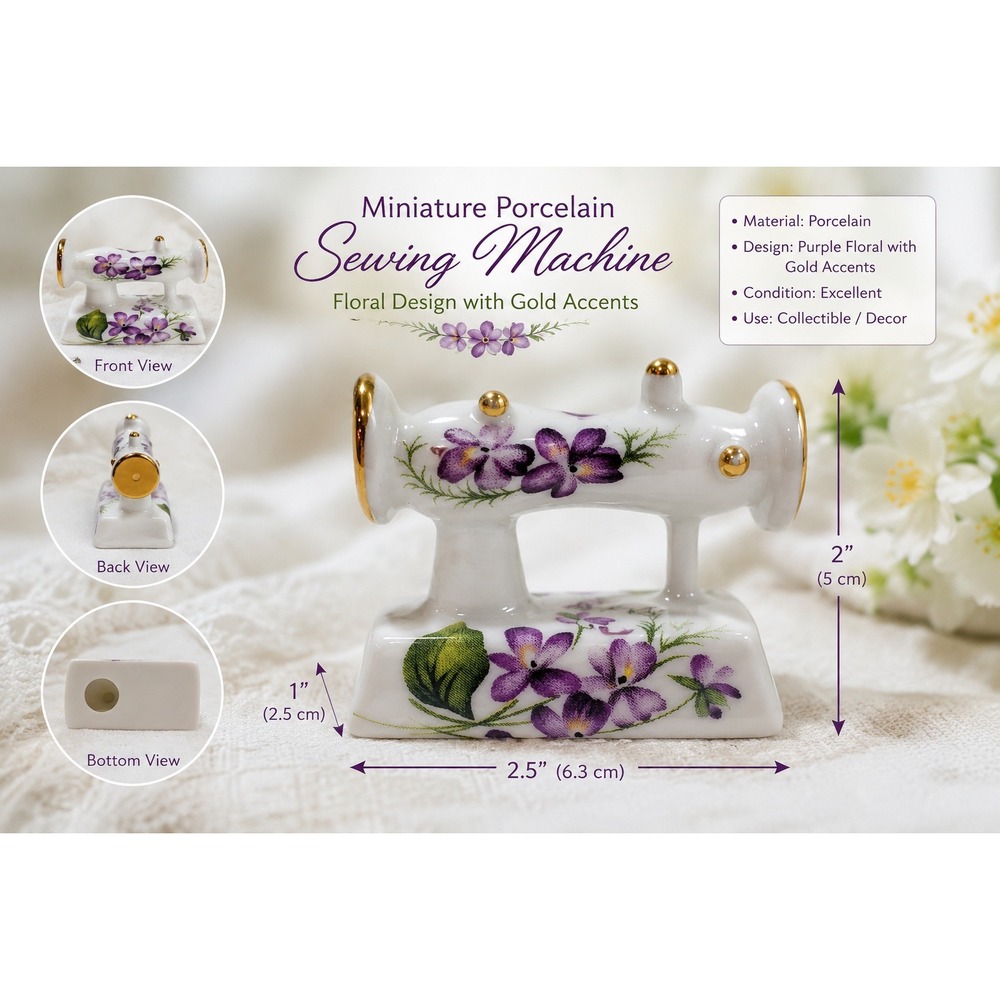 Vintage Miniature Porcelain Sewing Machine Figurine Purple Violets Gold Trim - Picture 1 of 9
